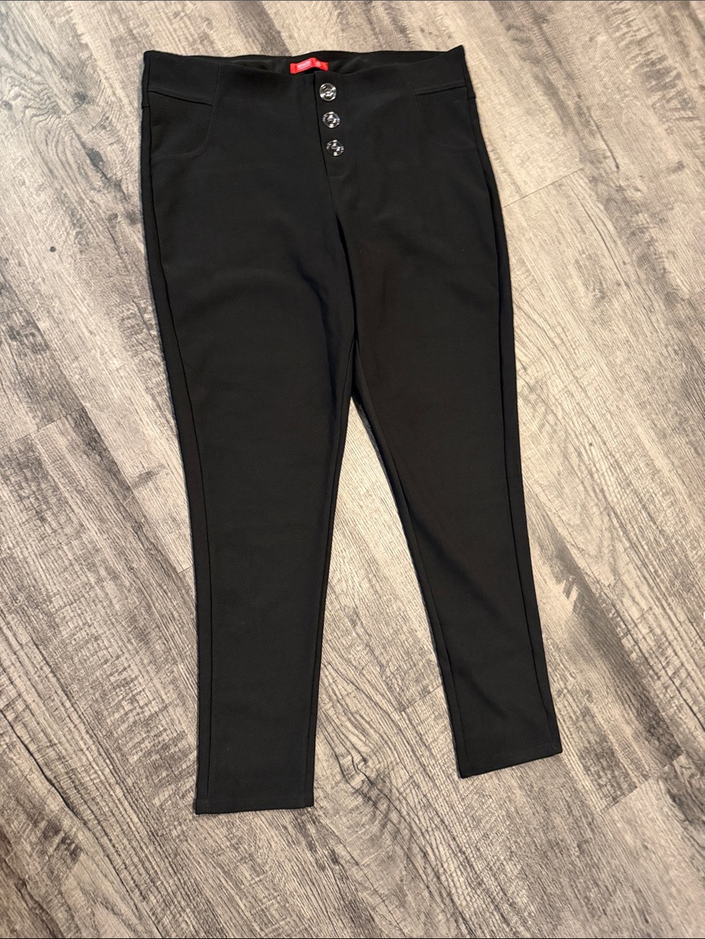 Black High-Rise Skinny Ponte Pants with Decorative Button Front
